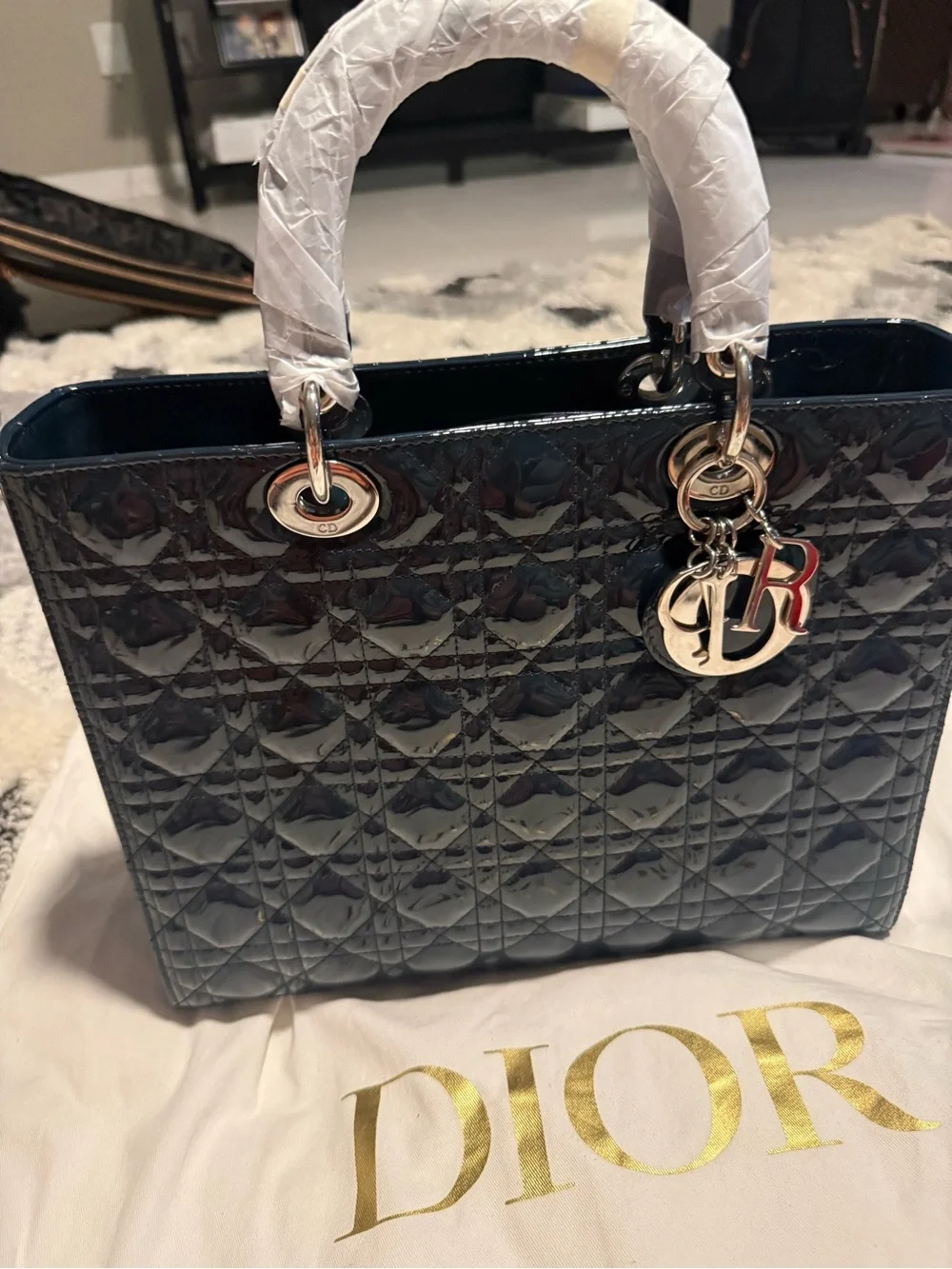 Dior Navy Patent Quilted Tote with CD Charm